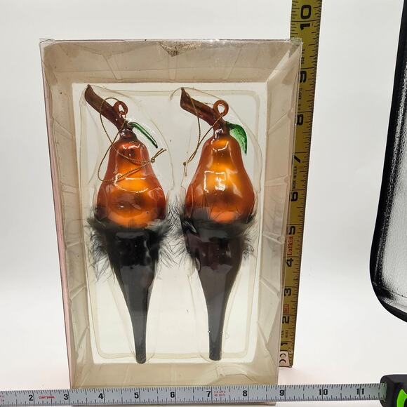 Rare Halloween Jack-o'-Lantern Glass Ornaments - Pumpkin Face & Feather Accents - Picture 6 of 6